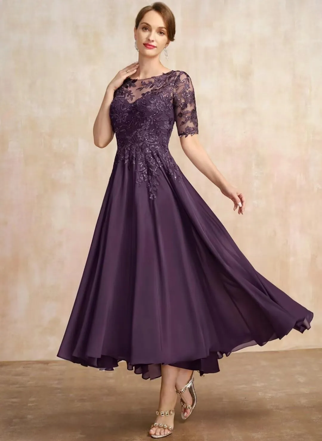 YMSHA Lace Mother of The Bride Dresses with Sleeves A Line Chiffon Formal Evening Dress YMS378