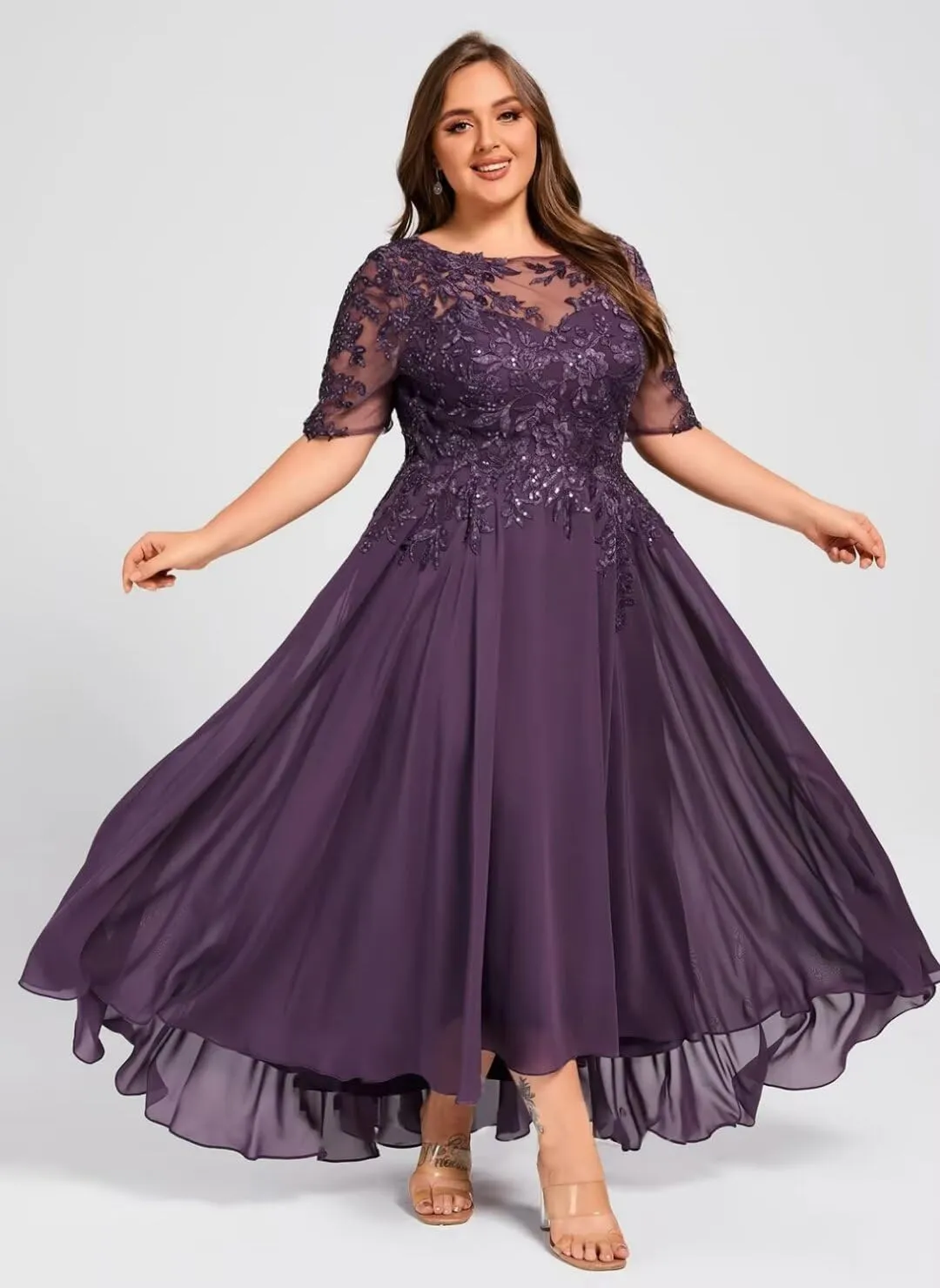 YMSHA Lace Mother of The Bride Dresses with Sleeves A Line Chiffon Formal Evening Dress YMS378