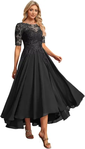 YMSHA Lace Mother of The Bride Dresses with Sleeves A Line Chiffon Formal Evening Dress YMS378