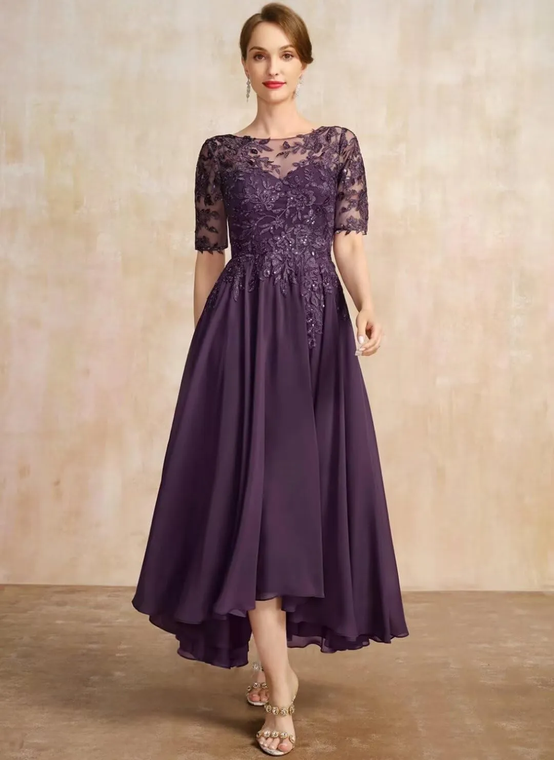 YMSHA Lace Mother of The Bride Dresses with Sleeves A Line Chiffon Formal Evening Dress YMS378