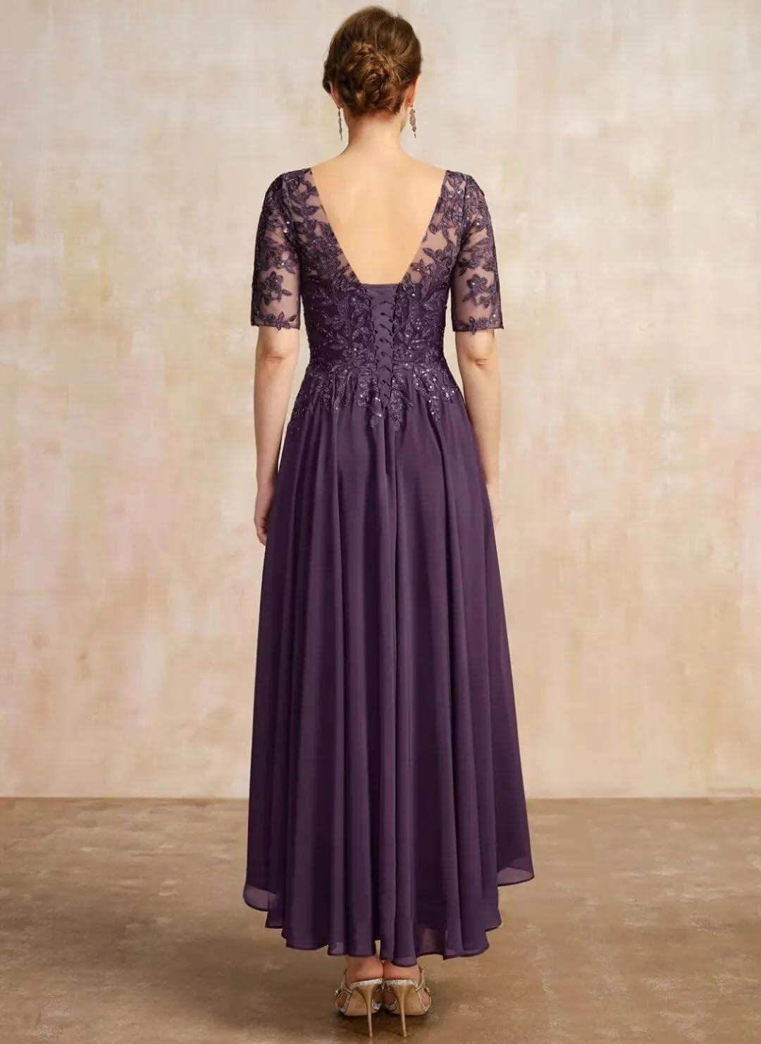 YMSHA Lace Mother of The Bride Dresses with Sleeves A Line Chiffon Formal Evening Dress YMS378