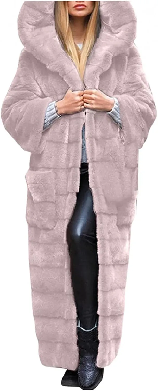 ZDRZK Womens Winter Coats With Plus Size Long Sleeve Faux Fur Open Front Hooded Cardigans 2023 Fashion Winter Outerwear