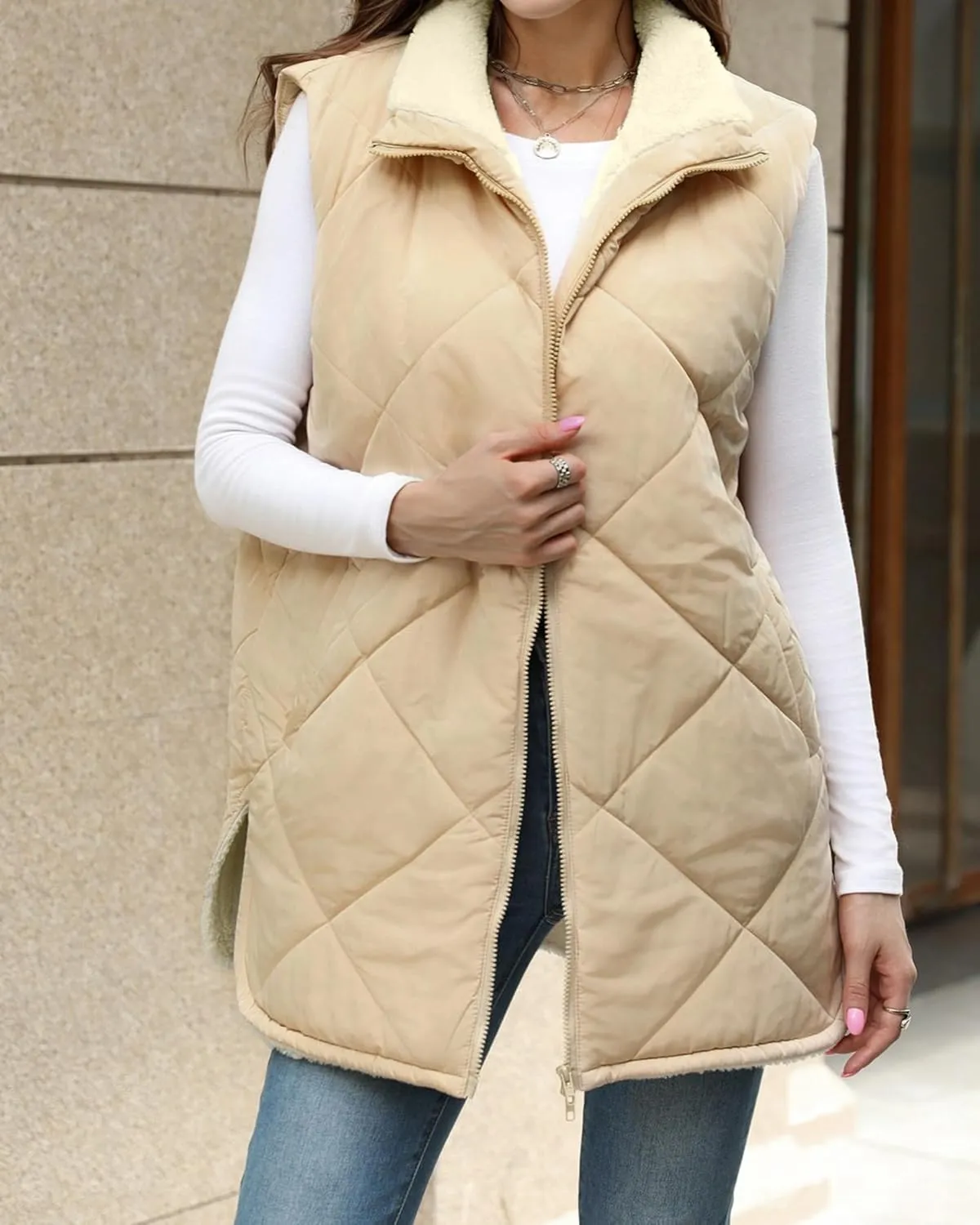 Zeagoo Womens 2025 Reversible Vest Sleeveless Fleece Jacket Double Zip Up Long Warm Winter Coat Outerwear with Pockets