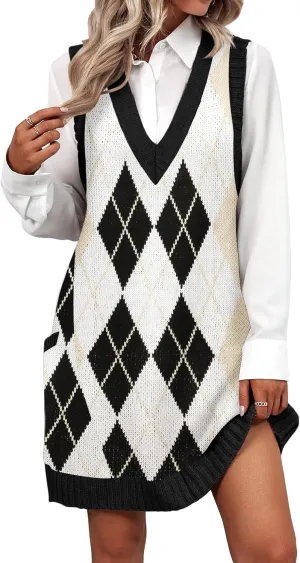 Zeagoo Womens Sweater Vest Dress Pattern Knitted Pullovers Sweaters V Neck Tank Sweater Dress with Pockets