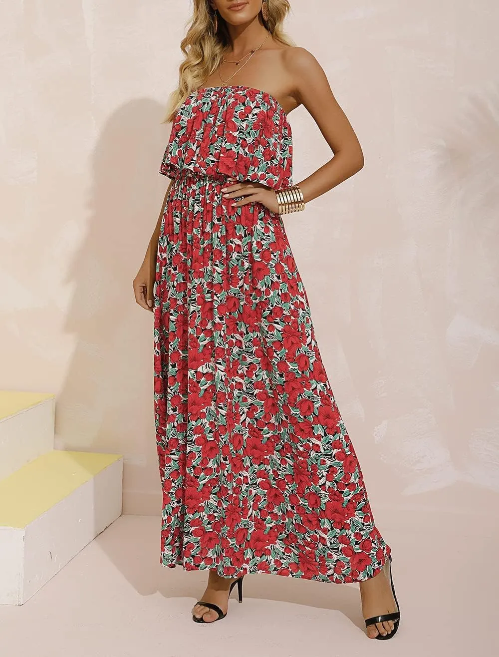 ZMPSIISA Women's Summer Off The Shoulder Maxi Dress Ruffle Strapless Blue White Porcelain Boho Casual Loose Long Dresses