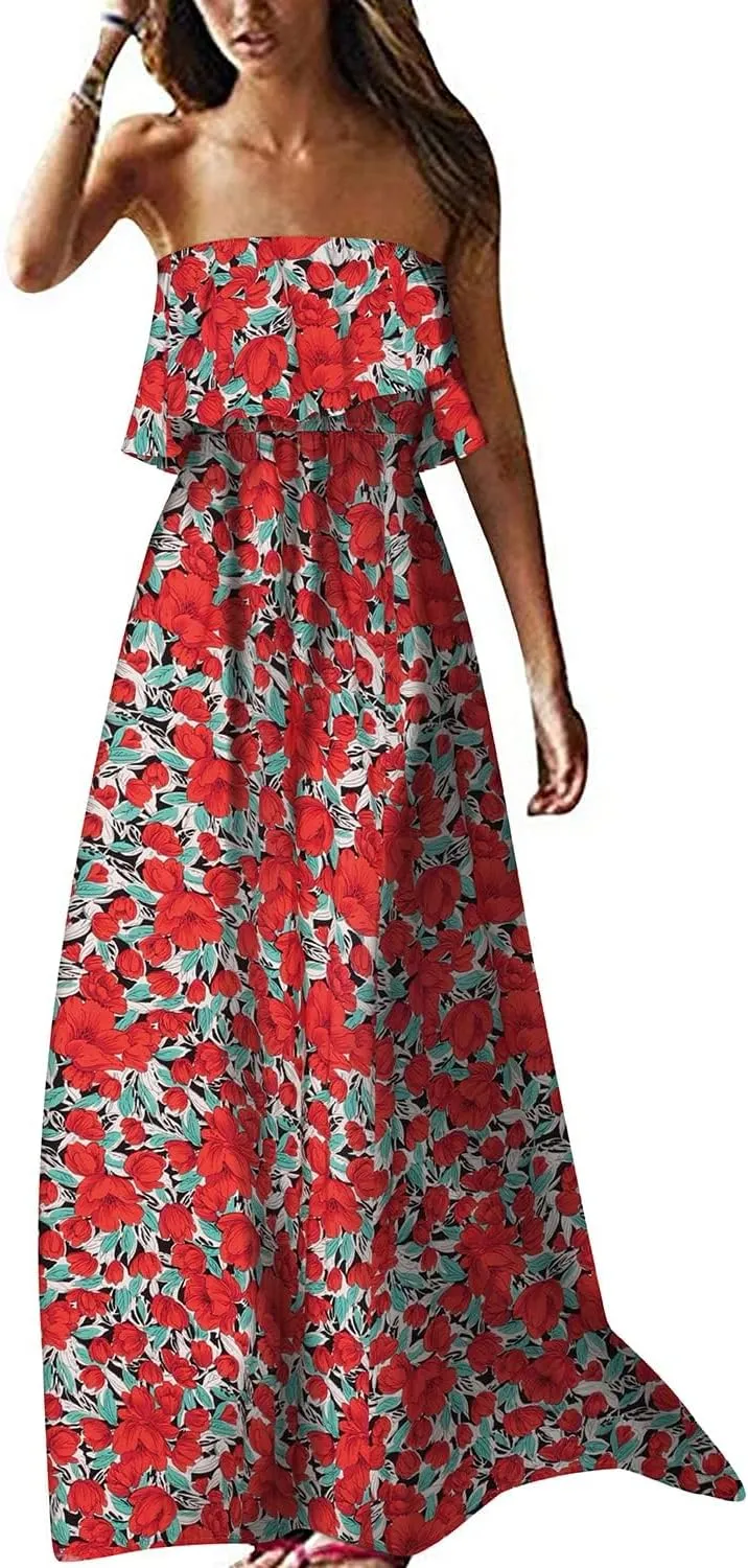 ZMPSIISA Women's Summer Off The Shoulder Maxi Dress Ruffle Strapless Blue White Porcelain Boho Casual Loose Long Dresses