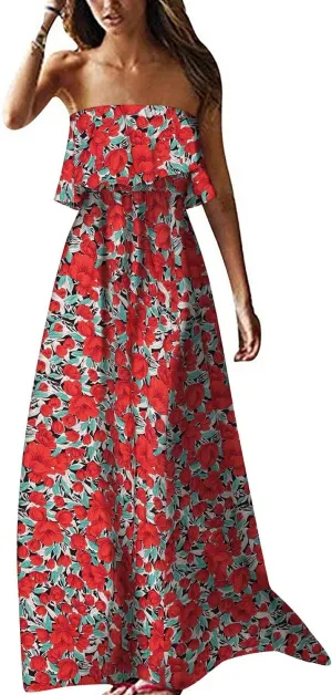 ZMPSIISA Women's Summer Off The Shoulder Maxi Dress Ruffle Strapless Blue White Porcelain Boho Casual Loose Long Dresses