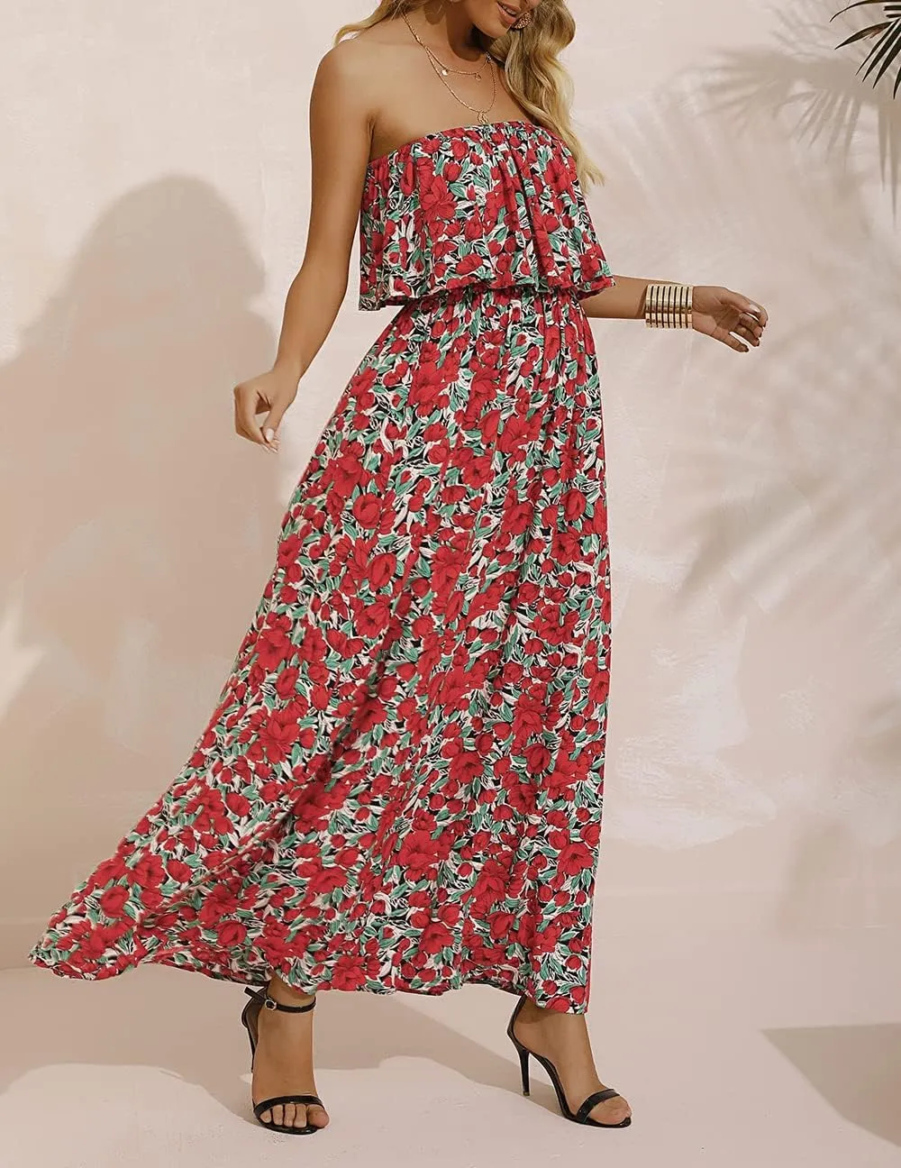 ZMPSIISA Women's Summer Off The Shoulder Maxi Dress Ruffle Strapless Blue White Porcelain Boho Casual Loose Long Dresses